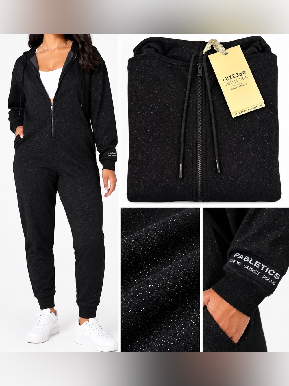 NWT ✨ Fabletics Luxe360° Black Shimmer Hooded Jumpsuit ✨